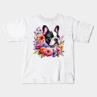 A French bulldog with beautiful colorful flowers Kids T-Shirt